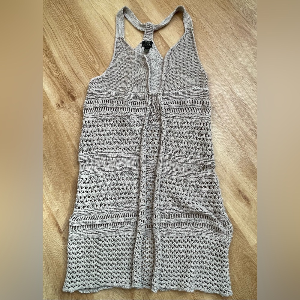 Boho crochet vest open cardigan tan long bohemian fringe L/XL Fresh Produce